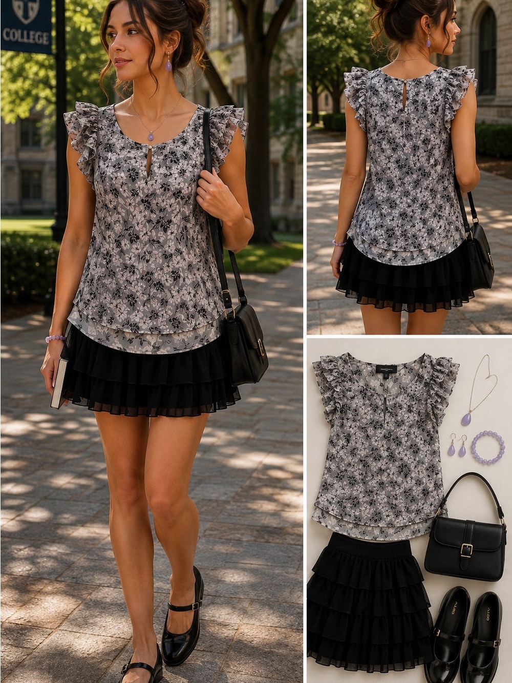 Banana Republic Ruffled Floral Sleeve Blouse — Light Gray & Black & lavender